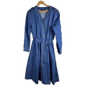 Vintage Denim Jean Shirt Dress 14 USA Made Button Down Midi Western Rockabilly